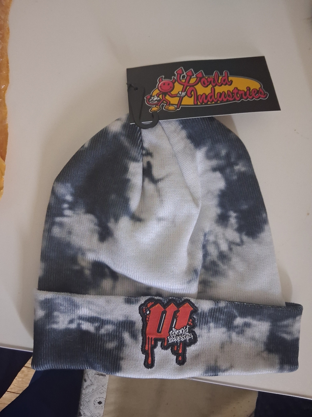 World Industries Beanie Black Tie-Dye Devilman Patch Knit Hat Skate BNWT New
